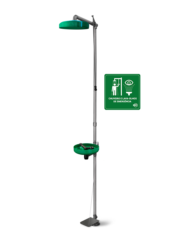 Chuveiro e Lava Olhos  de Emergência INOX com PEDAL e Bacia ABS